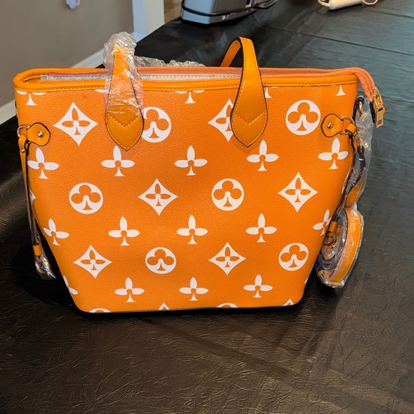 Handbags - Orange Monogram Tote Bag with White Pattern, NEW, Fashion Bag